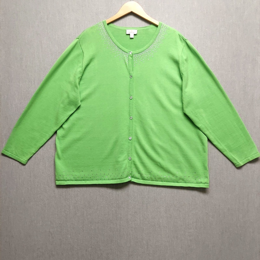 Quacker Factory Cardigan Womens 3X Plus Green Crystal Dot Embellished Knit